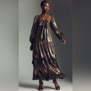 Anthropologie Gold and Black Feather Print Dress